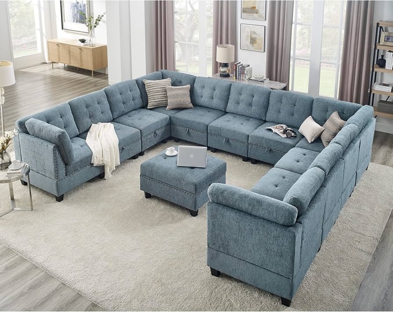 Sectional Sofa Light Gray Modular Square Tufted Low Profile Ottoman