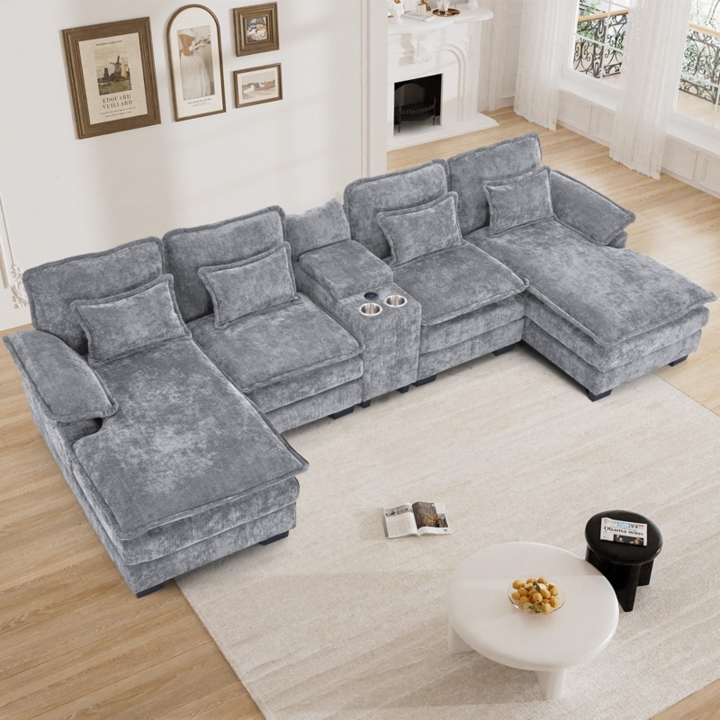 Sectional Sofa Light Gray Textured Fabric U-Shaped Dual Chaises
