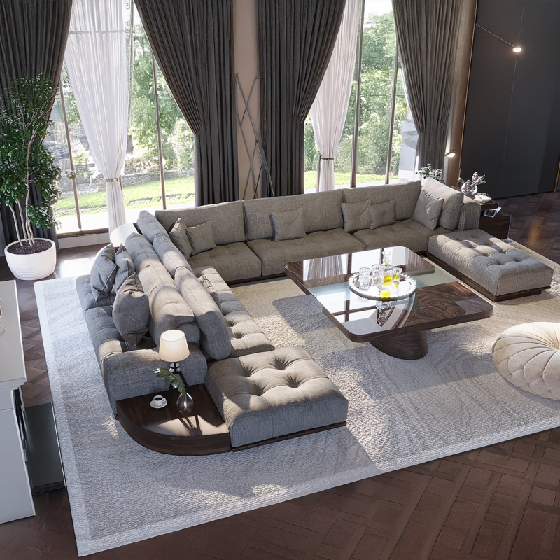 Sectional Sofa Light Gray Textured Weave Modular Matching Ottoman