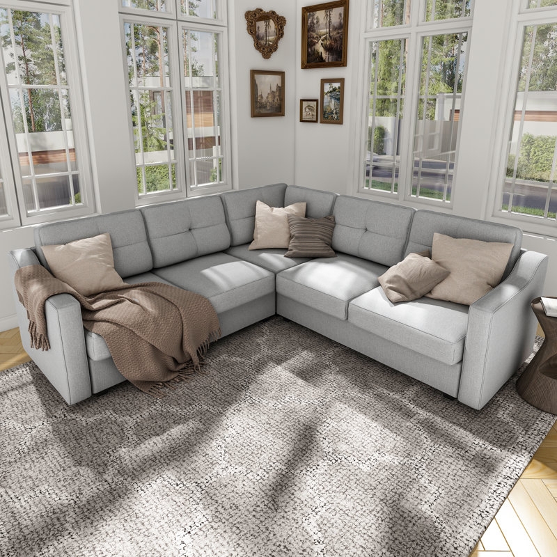 Sectional Sofa Light Gray Tufted Seat Reversible Chaise Woven Fabric