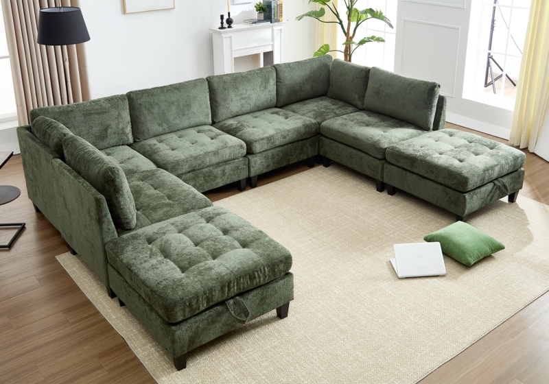 Sectional Sofa Light Gray U Shaped Tufted Cushions Storage Ottoman