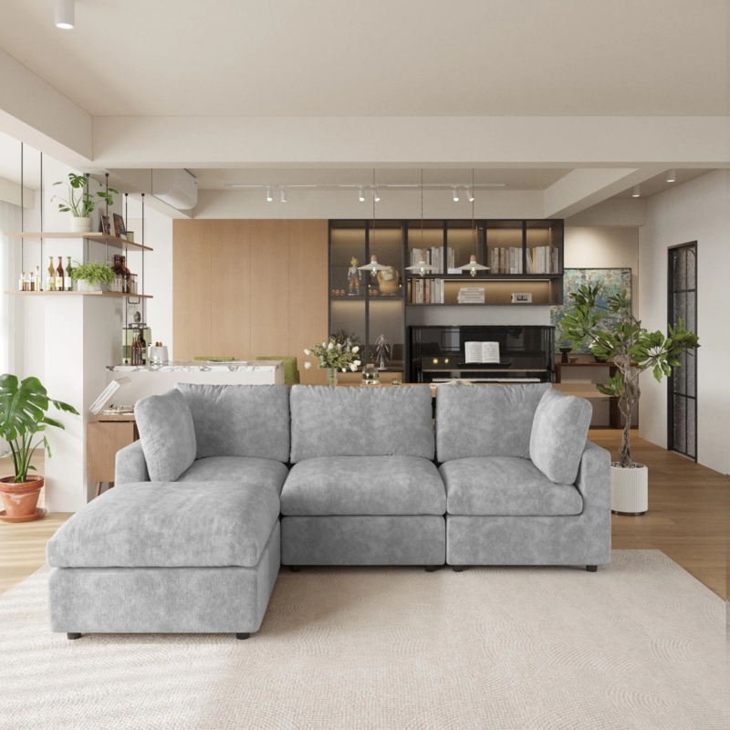 Sectional Sofa: Light Grey L-Shaped, Cloud Style Cushions, Track Arms