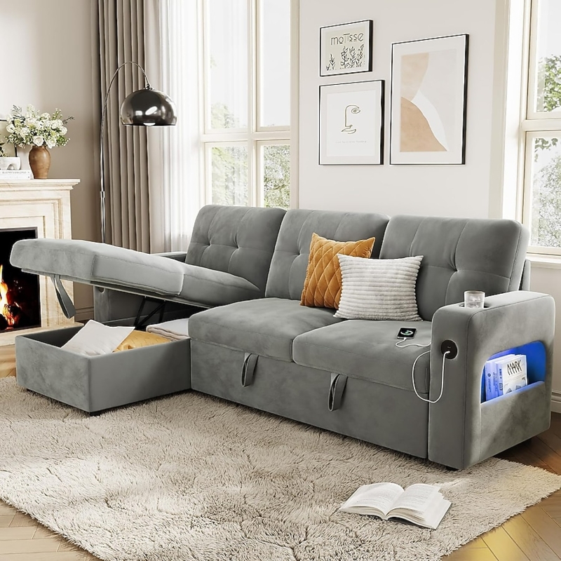 Sectional Sofa Light Grey L Shaped LED Lighting Charging Station