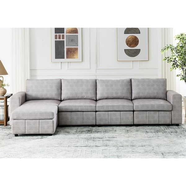 Sectional Sofa: Light Grey L-Shaped, Movable Ottomans, Plush Cushions