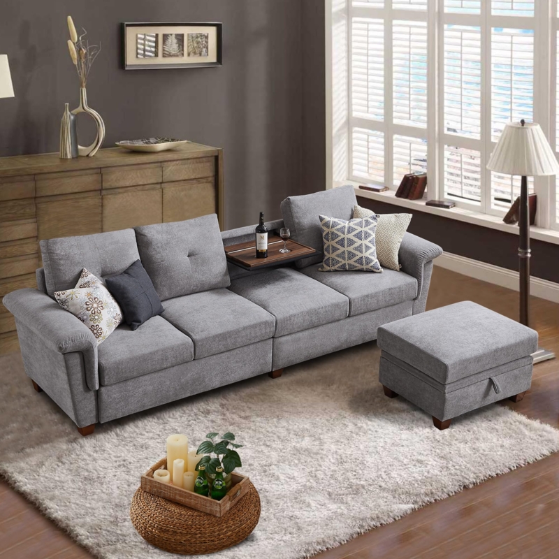 Sectional Sofa Light Grey L-Shaped with Storage Console and Chaise