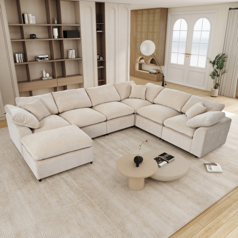Sectional Sofa Light Grey Pillow Back Textured Modular L-Shaped