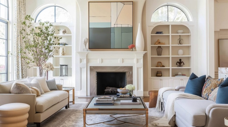 Sectional Sofa Living Room With Wood Beam Ceiling and Built-ins