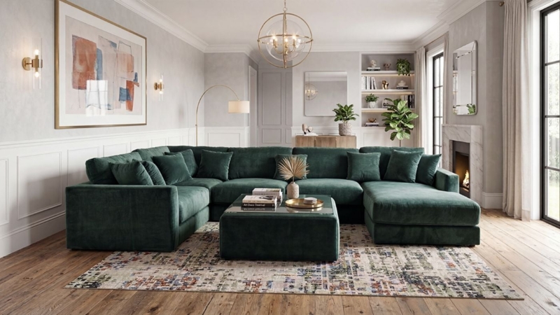 Sectional Sofa Low Profile Forest Green Tufted Seat Square Arms Modern