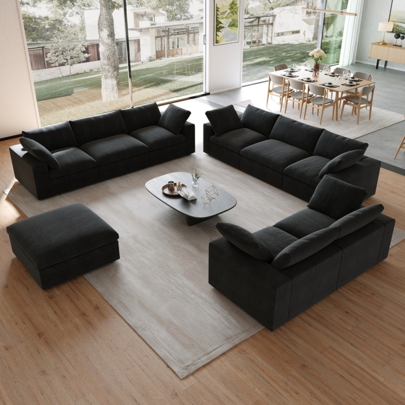 Sectional Sofa, Low Profile Modular Set with Textured Fabric Upholstery