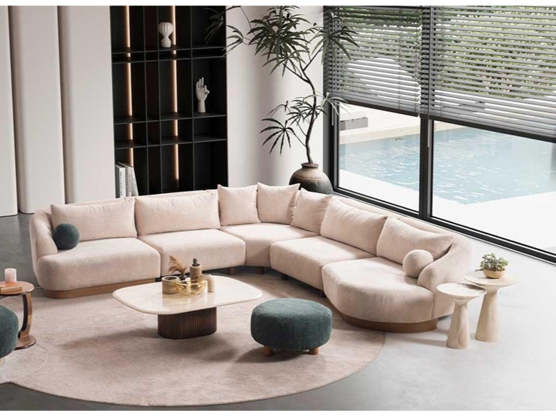 Sectional Sofa, Luxury Channel Tufted Curved, Cream Boucle Texture