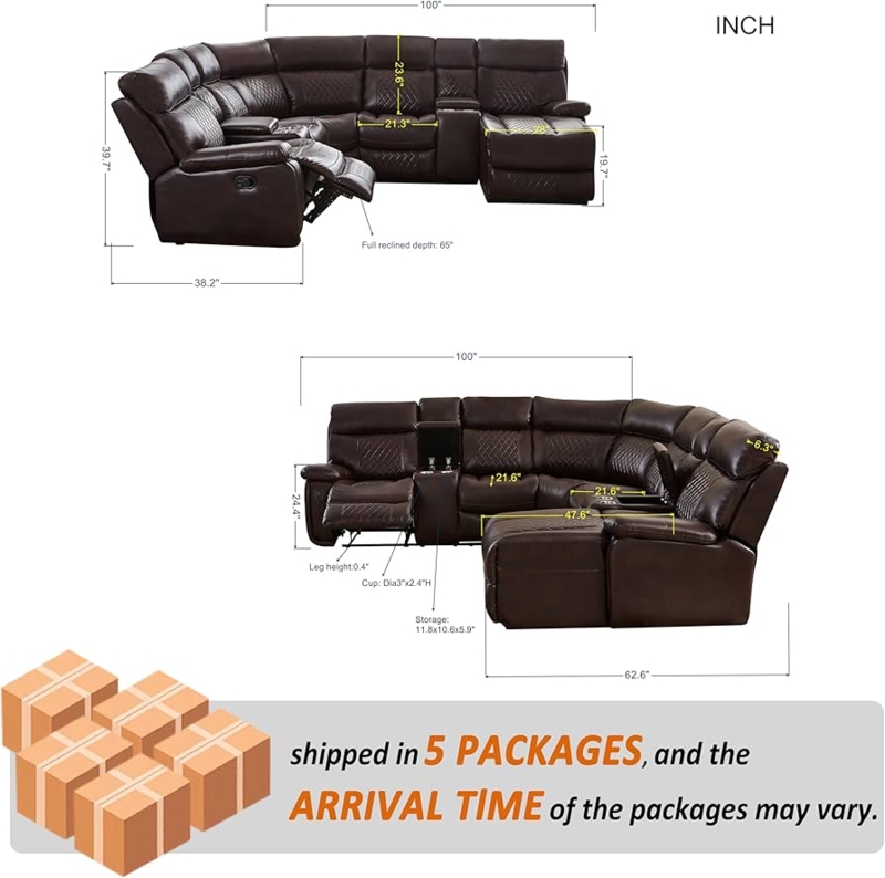Sectional Sofa Manual Reclining L-Shaped with Modular Wedge