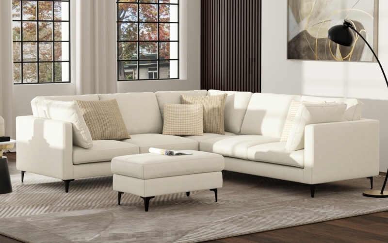 Sectional Sofa Mid-Century Cream Tufted Seat Tapered Legs