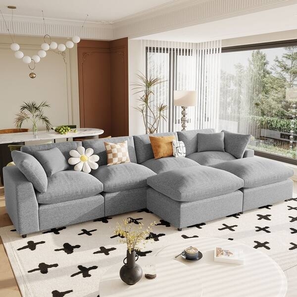 Sectional Sofa Mid-Tone Grey Square Arms Matching Ottoman Contemporary