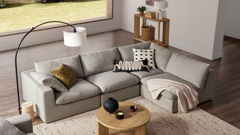 Sectional Sofa: Minimalist Deep Seat Sofa, Heathered Gray Fabric