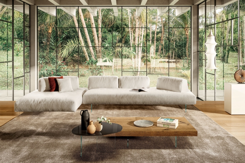 Sectional Sofa, Minimalist Light Gray, Transparent Legs, Floating Look