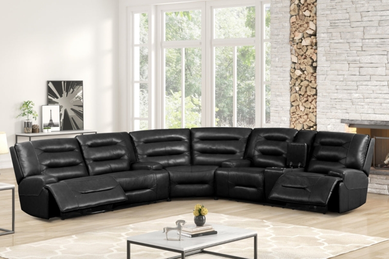 Sectional Sofa Modern Black Leather Power Reclining Console Topstitching