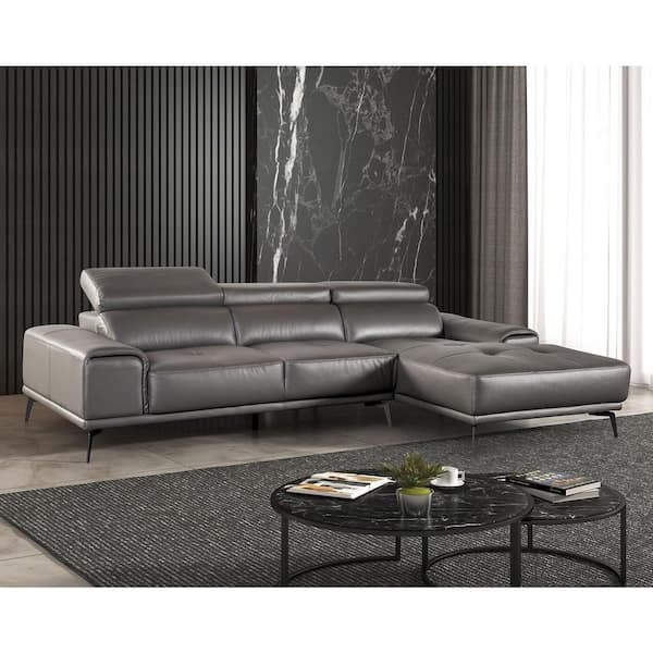 Sectional Sofa Modern Dark Gray Leather-Like Padded Arms Metal Legs