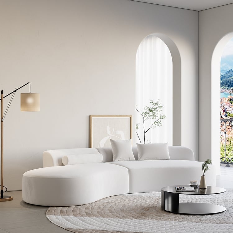 Sectional Sofa Modern White Curved Velvet Channel Tufted Back Design