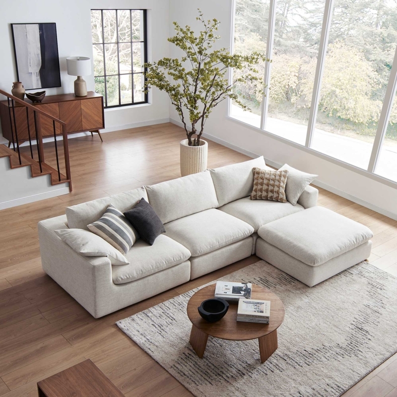 Sectional Sofa Modular Beige Linen Low Profile Blocky Silhouette