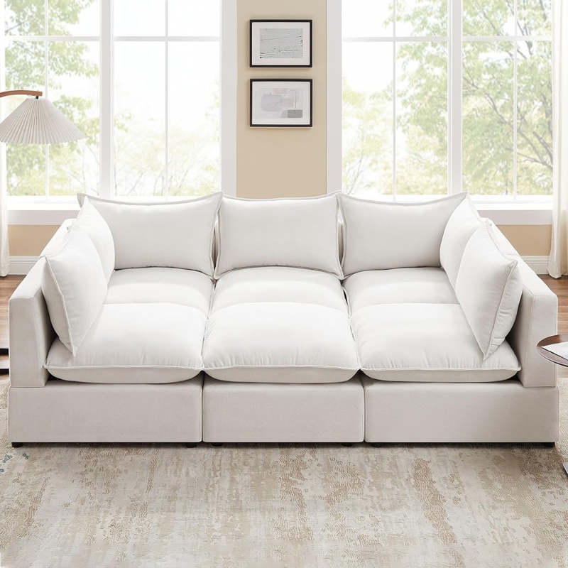 Sectional Sofa Modular Blocks Beige Linen Texture Low Profile