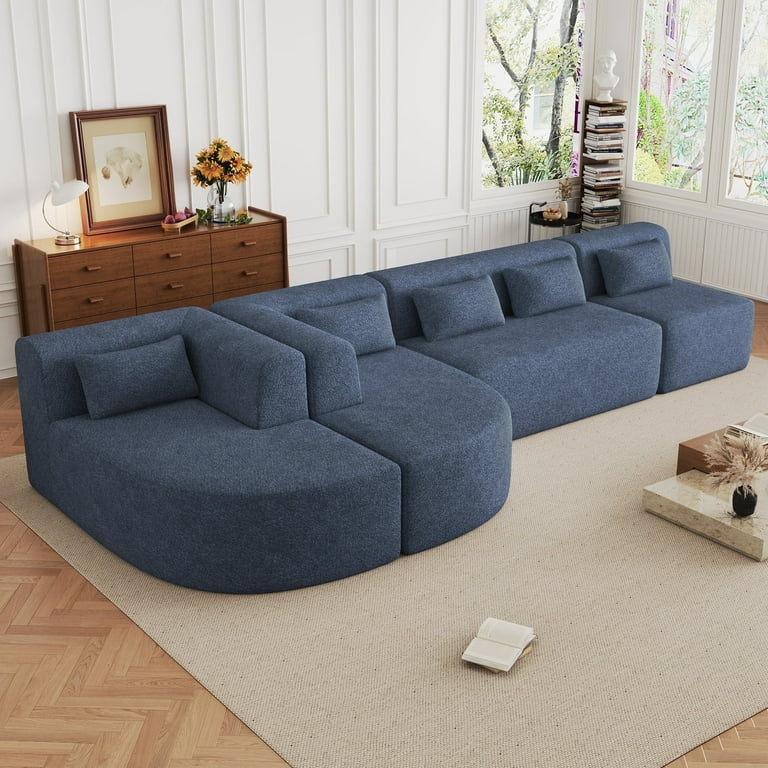 Sectional Sofa Modular Boucle Texture Low Profile Light Grey
