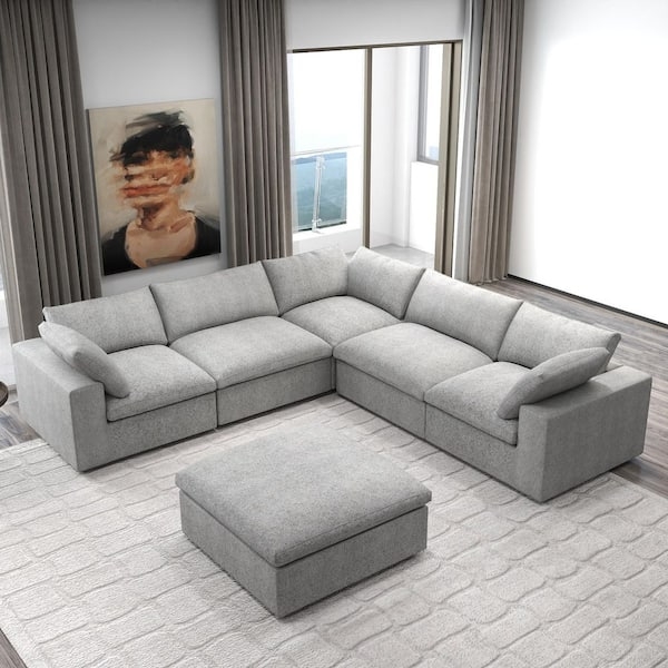 Sectional Sofa Modular Configuration Linen-Like Six-Piece Set