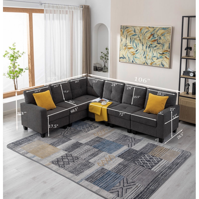 Sectional Sofa Modular Light Gray Blocks Low Profile L-Shaped
