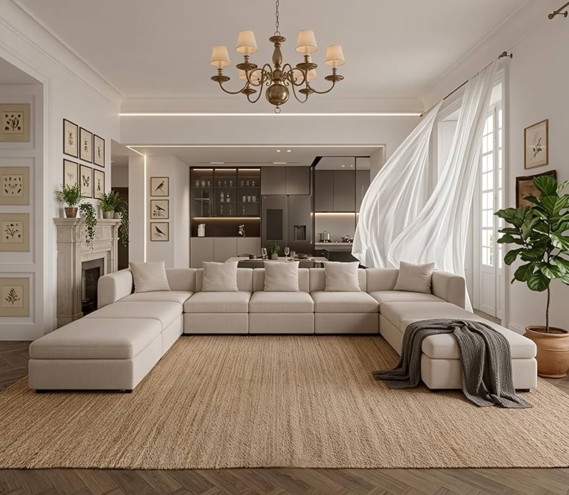 Sectional Sofa Modular Low Profile Beige Upholstery