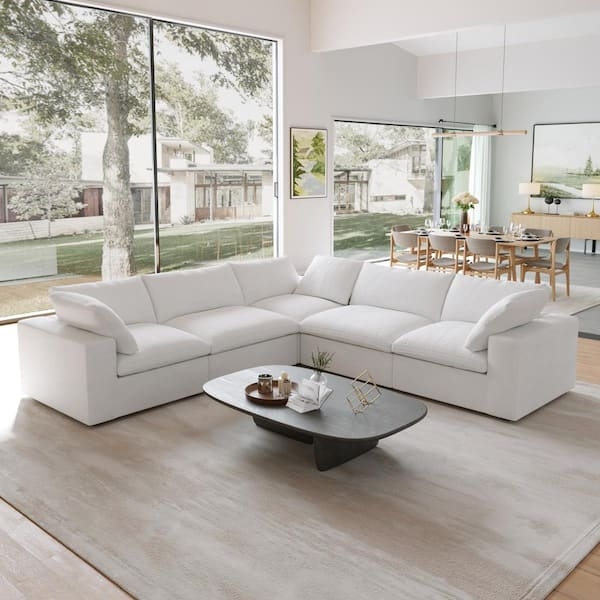 Sectional Sofa Modular Off-White Linen-like Square Arms