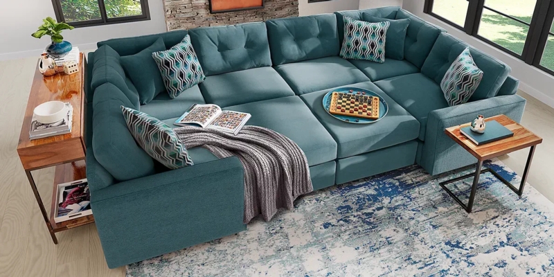 Sectional Sofa Modular U-Shape Teal Fabric Upholstery