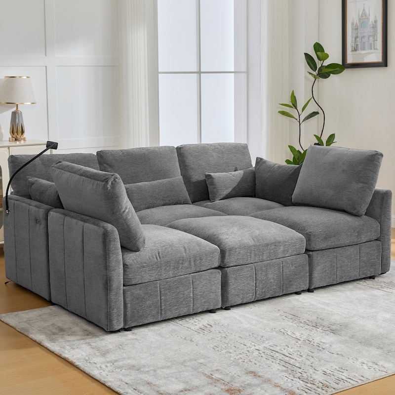 Sectional Sofa Modular with Phone Holder and Grid Tufting