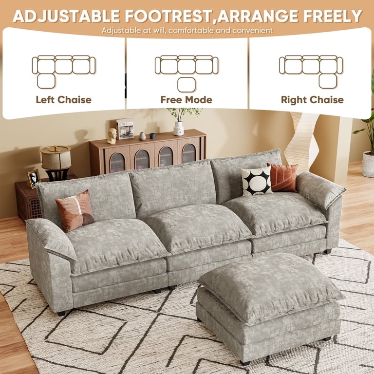 Sectional Sofa Movable Ottoman Upholstered Fabric Small Space