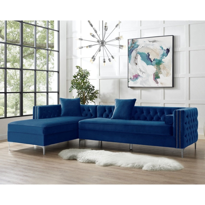 Sectional Sofa Nailhead Trim Navy Velvet Button Tufted Rolled Arms