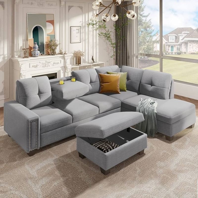 Sectional Sofa Nailhead Trim Tufted Back Transitional Grey