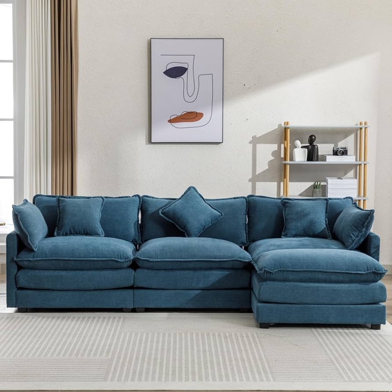 Sectional Sofa Navy Blue Chenille Modular L Shape Low Profile Base
