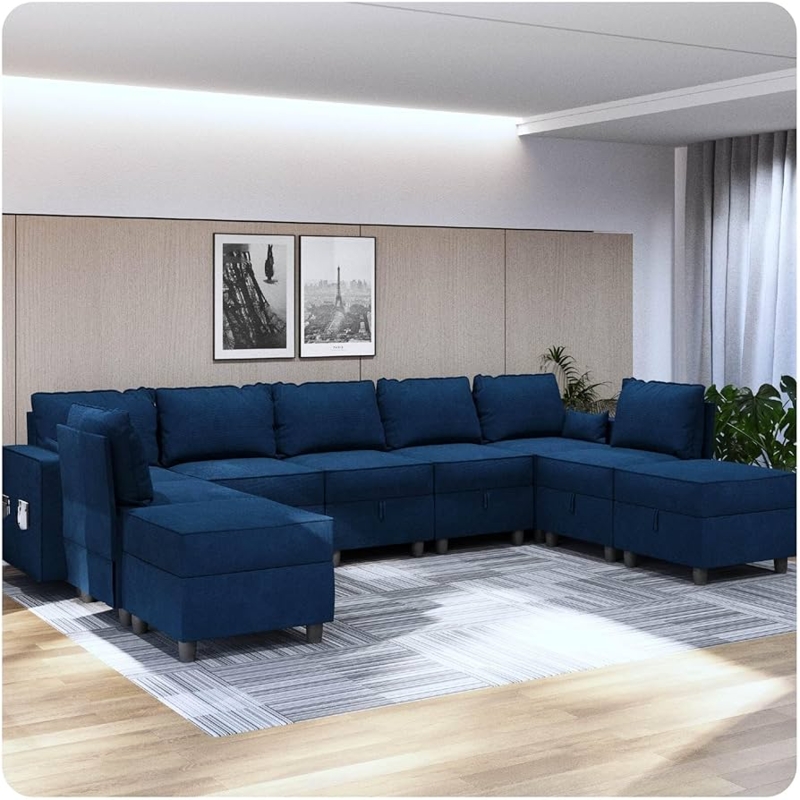 Sectional Sofa: Navy Blue Corduroy L-Shaped, 9-Seater Capacity