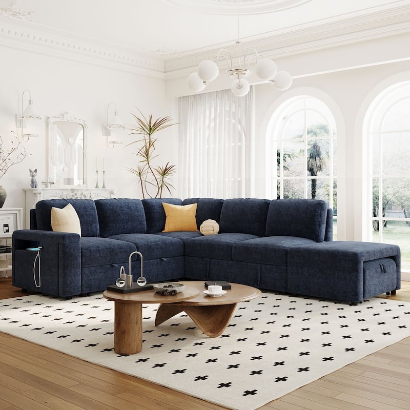 Sectional Sofa Navy Blue Grid Tufting Modular Pieces USB Ports