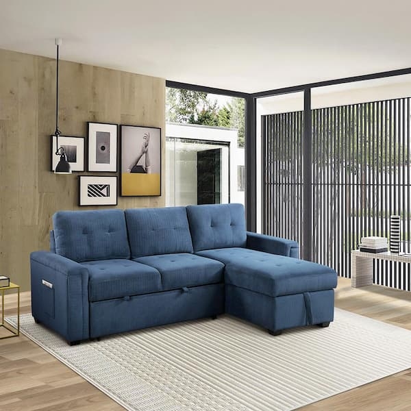 Sectional Sofa Navy Blue U-Shaped Button Tufted Silver Nailhead