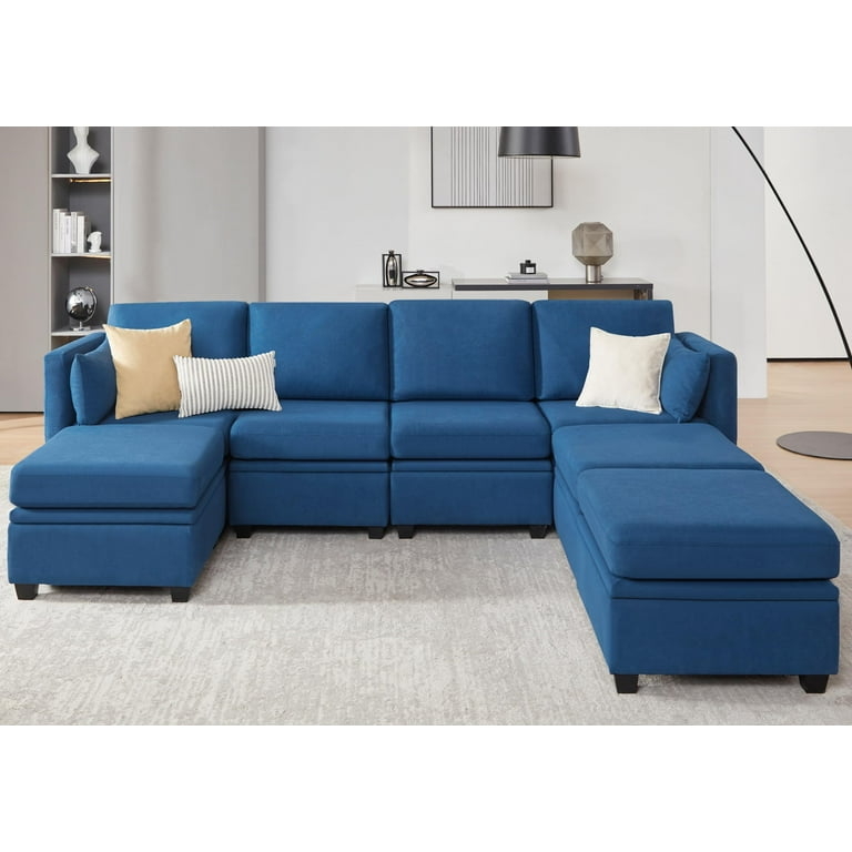 Sectional Sofa: Navy Blue U-Shaped Design, Track Arms, Modular Seating