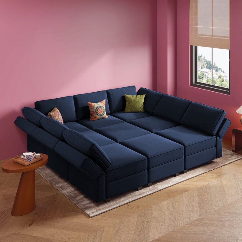 Sectional Sofa Navy Blue Velvet Channel Tufted Modular Layout Modern Design