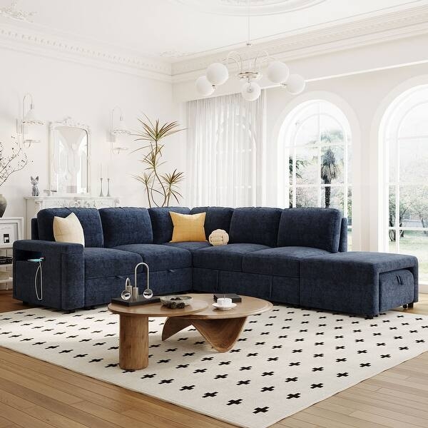 Sectional Sofa Navy Blue with Tufted Back and Cup Holders