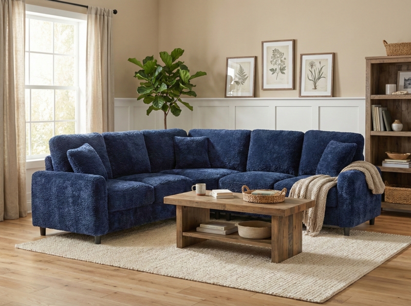 Sectional Sofa Navy Chenille L-Shaped Silhouette Modern Living Room