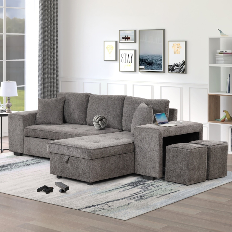 Sectional Sofa Nested Stools Charcoal Grey Pull Out Sleeper