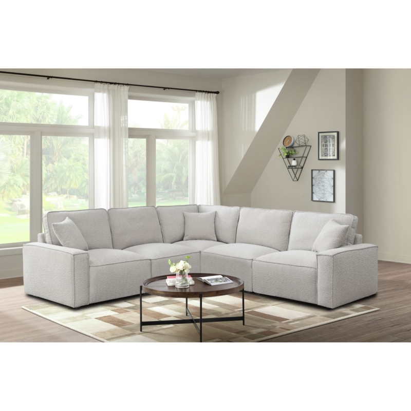 Sectional Sofa Oatmeal Textured Fabric Low Profile Block Arms L Shaped