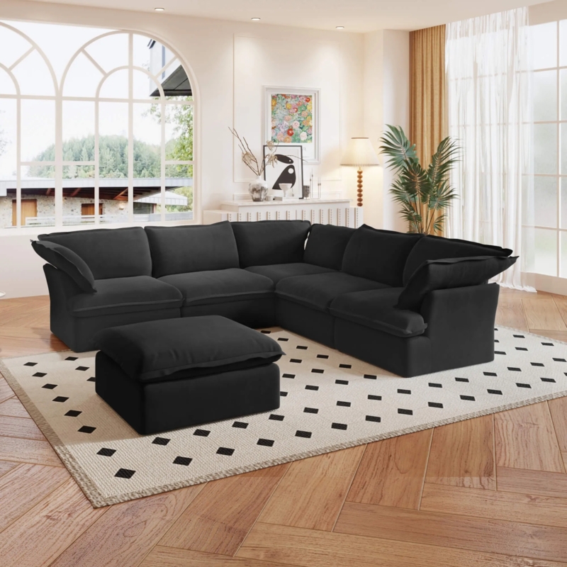 Sectional Sofa Off-White Cloud Style Deep Seating Linen-Like