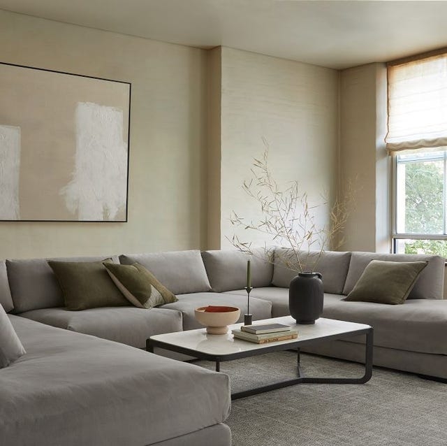 Sectional Sofa Off-White Linen-Like Fabric Bumper Chaise Track Arms