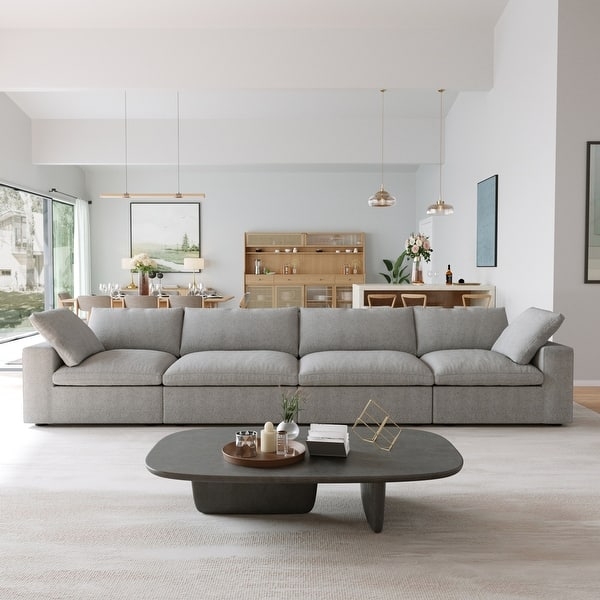 Sectional Sofa Off-White Linen-like Low Profile Overstuffed