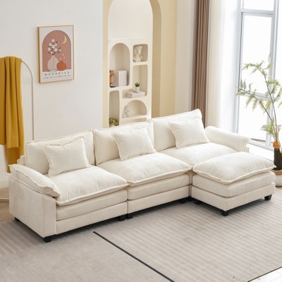 Sectional Sofa Off-White Nubby Texture Modular Extra Deep Seats Ottoman