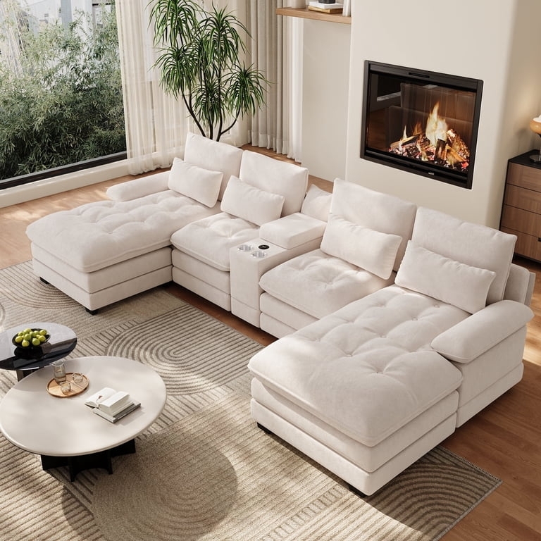 Sectional Sofa Off-White U-Shaped Modular Low Profile Console Chaise