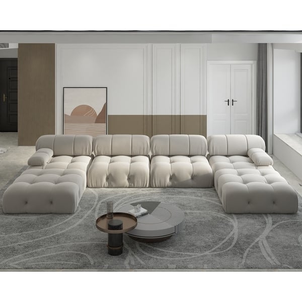 Sectional Sofa Off-White Velvet Grid Tufting U-Shaped Glam